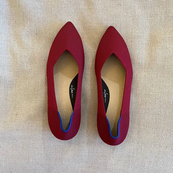 Rothy's Burgundy Pointed Toe Heels with Blue Accent - Picture 2 of 11